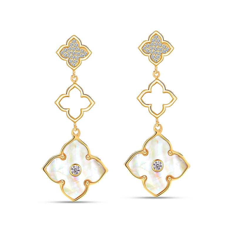 LeCalla 925 Sterlings silver Mother of Pearl Long Drop Earrings | 14K Gold-Plated CZ Three Clover Flower Drop Dangle Earring for Women