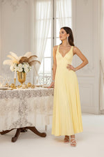 Load image into Gallery viewer, Uknztcl Pleated Satin Sleeveless Hot Pink Formal Wedding Guest Dresses for Women V-Neck A-Line Tea Lenght Formal Evening Dress with Pleates US2
