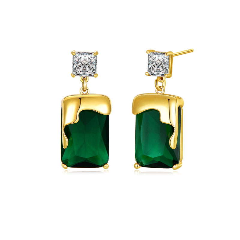 PHNIBIRD Emerald Earrings with Gold Melting Shape Elegant Solitaire Cubic Zirconia Green Earrings for Women Dangle