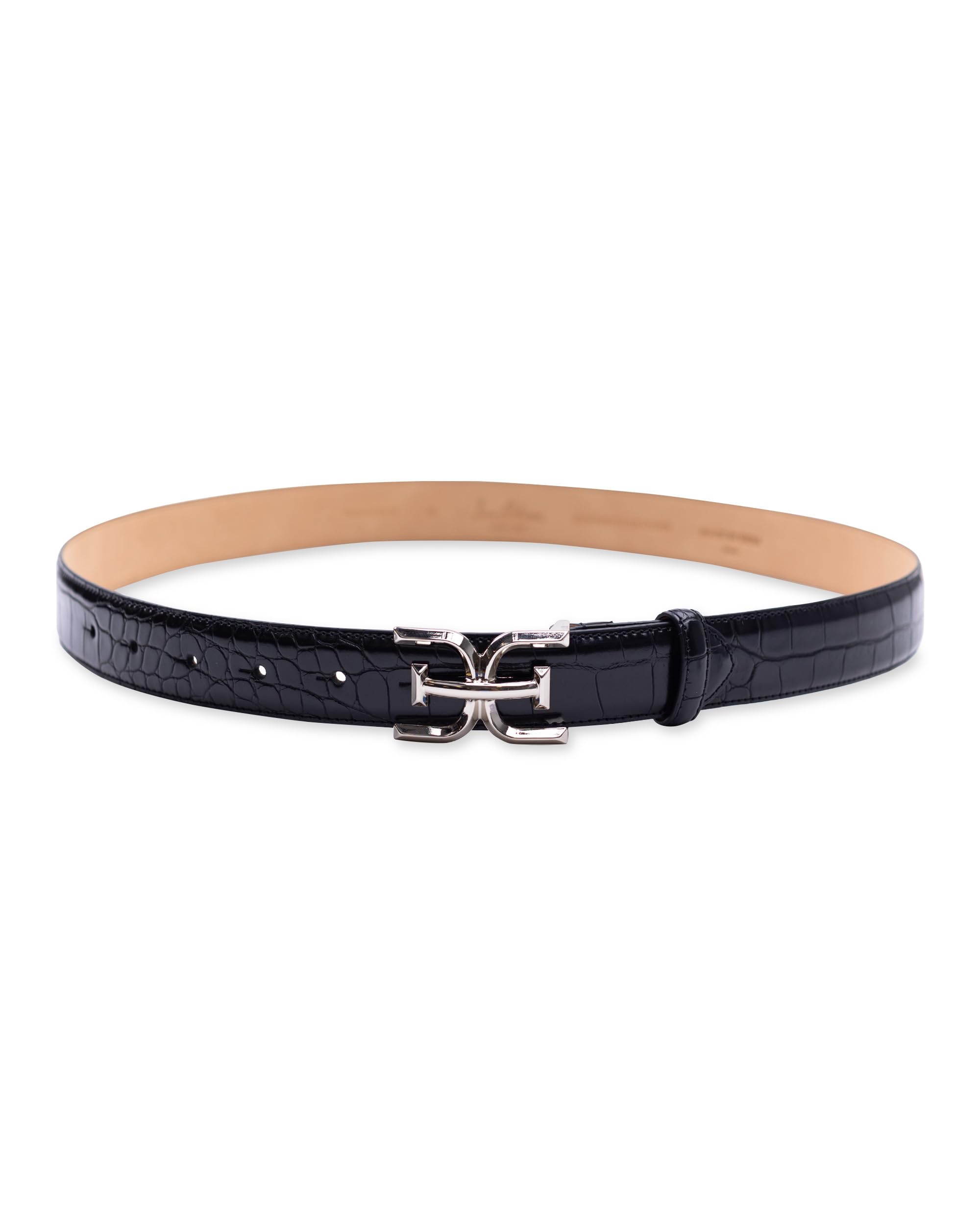 Sam Edelman Women's Double-E Logo Plaque Buckle Textured Jean and Trouser Belt, Black Croc, Medium