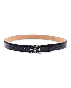 Sam Edelman Women's Double-E Logo Plaque Buckle Textured Jean and Trouser Belt, Black Croc, Medium