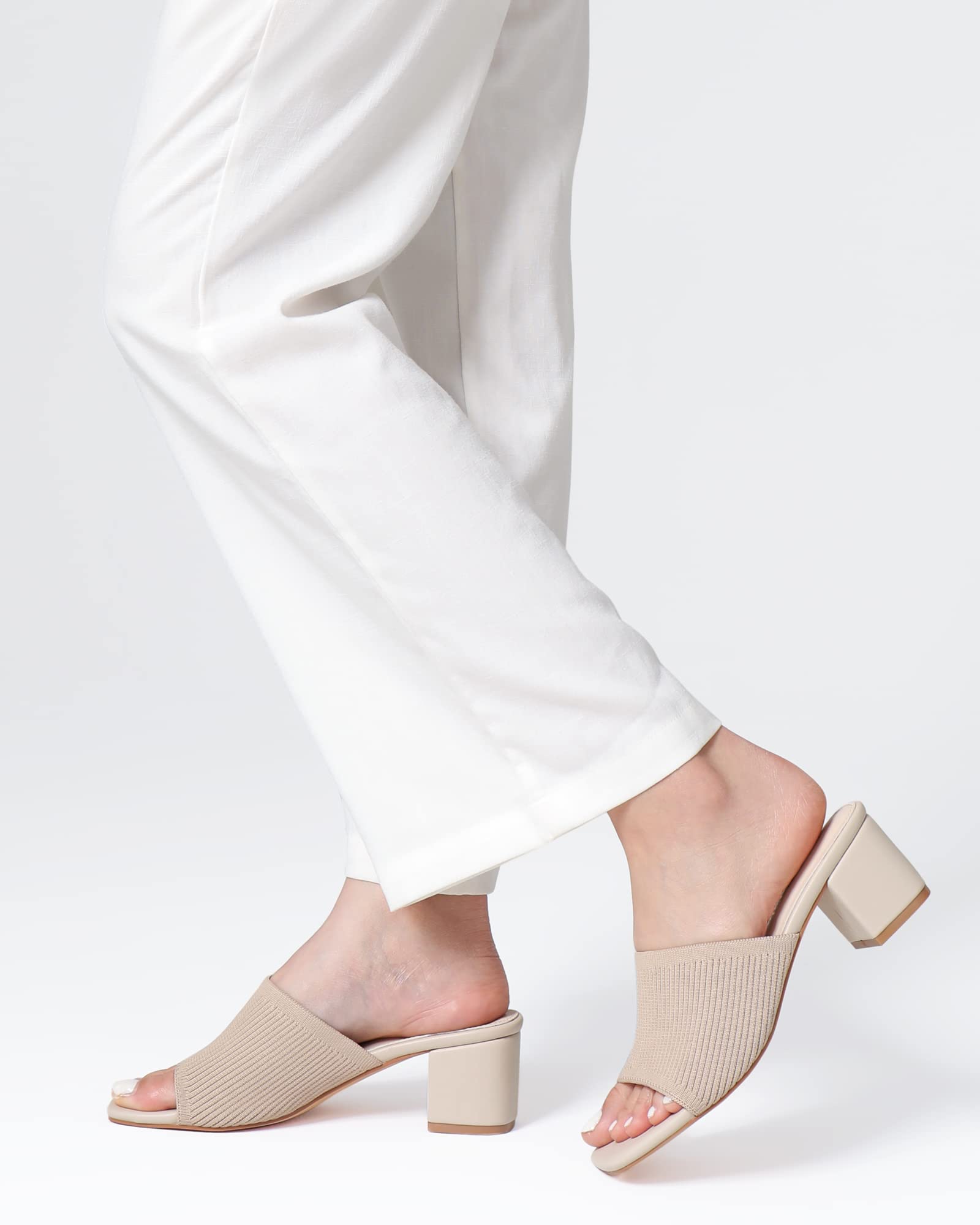Shoe'N Tale Heeled Sandals For Women Square Open Toe Heeled Mules Chunky Block Low Heel Slip On Slides(7.5,Khaki)