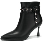Load image into Gallery viewer, MELGONMG Sexy Kitten Heel Ankle Booties For Women'S Leather Pointed Toe Inner Zipper Low Stiletto Winter Fall Dress Short Boots With Fashion Studded Belt For Daily Work (Black,8.5)
