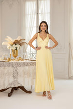 Load image into Gallery viewer, Uknztcl Pleated Satin Sleeveless Hot Pink Formal Wedding Guest Dresses for Women V-Neck A-Line Tea Lenght Formal Evening Dress with Pleates US2
