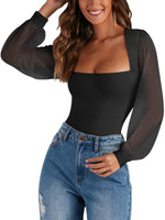 Load image into Gallery viewer, PINKMSTYLE Mesh Bodysuit for Women Sexy Slimming Square Neck Double Lined Tops Fall Classy Puff Long Sleeve Tops Shirts Black Medium
