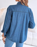 Load image into Gallery viewer, CHICME Womens Pearl Rhinestone Embellished Denim Shirt Long Sleeve Button Down Turn Down Collar Casual Jean Blouse Top for Daily and Party-Blue-M
