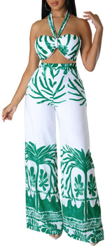 Load image into Gallery viewer, Two Piece Outfits for Womens Summer Boho Tropical Sexy Halter Criss Cross Crop Tops High Waist Straight Long Pants Beach Sets Cover Ups Swimsuit(Small)
