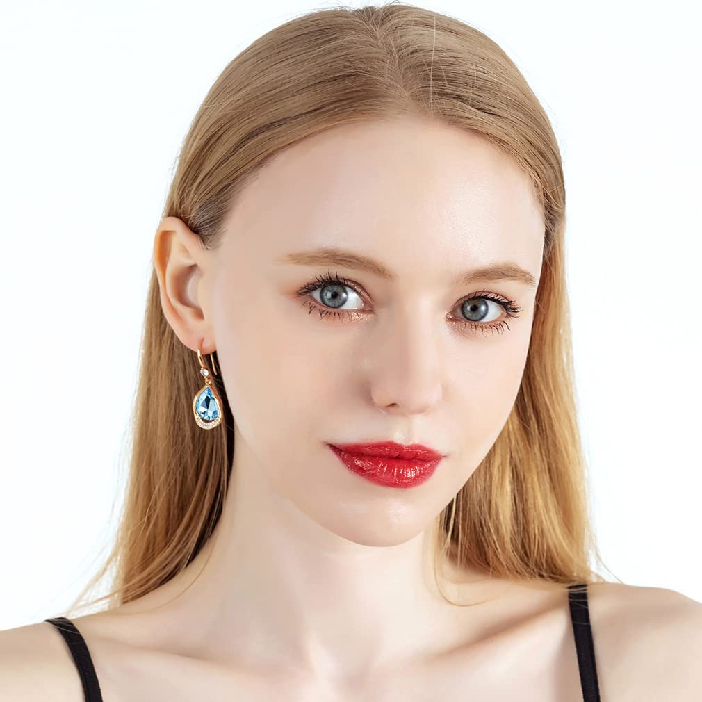 Austrian Crystal Halo Teardrop Hollow Drop Dangle Earrings for Women 14K Rose Gold Plated Hypoallergenic Jewelry (Aquamarine)