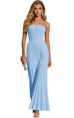 Load image into Gallery viewer, DJFLFU Strapless Bridesmaid Dress Pleated Chiffon Long Formal Prom Dress for Cocktail Party Gowns Light Blue
