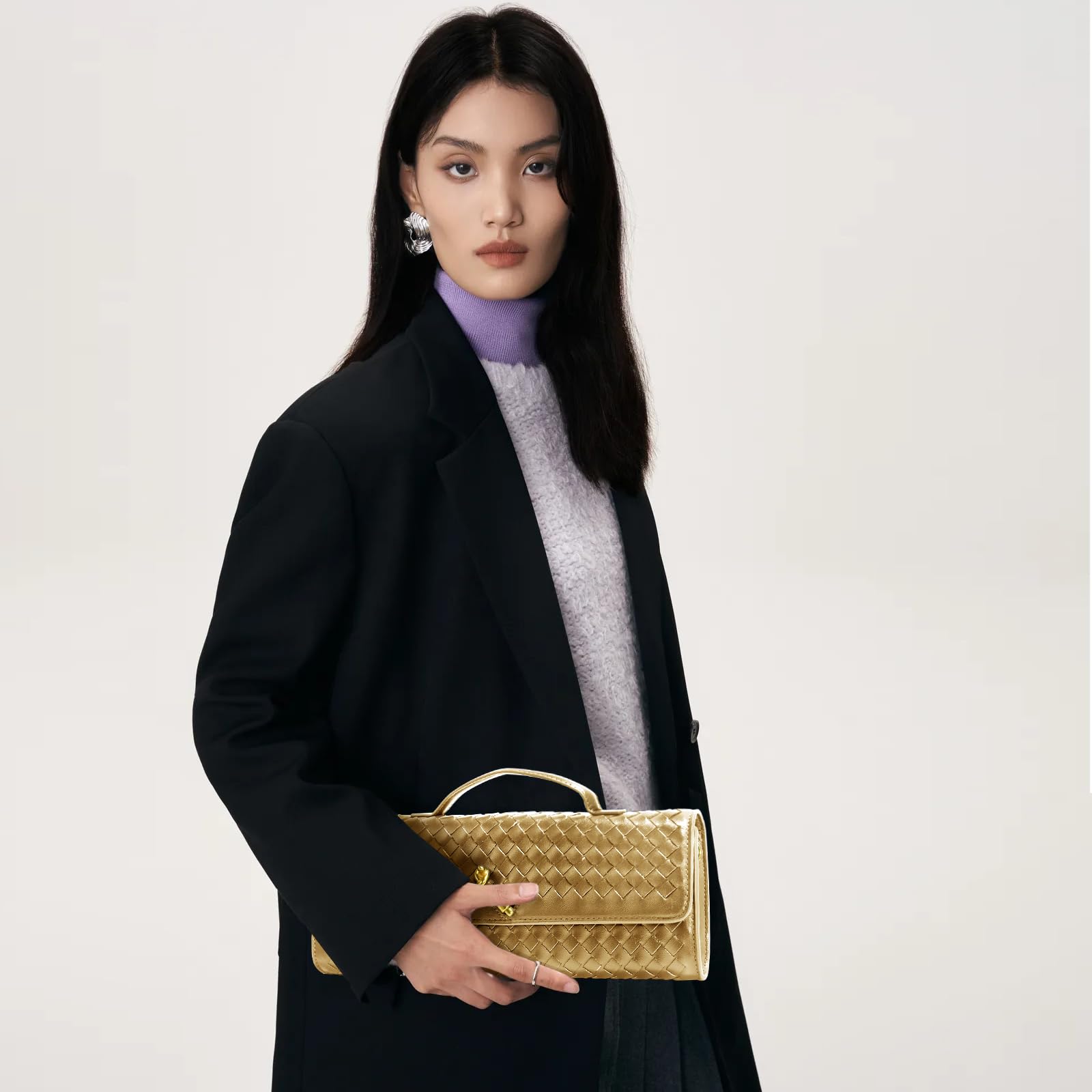 Jumping Deer Woven Clutch Purses for Women, Gold Clutch Formal Satchel Leather Evening Bag Shoulder Handbag, Gold