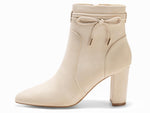 Load image into Gallery viewer, Coutgo Womens Pointed Toe Ankle Boots Chunky Block Heel Tie Knot Side Zipper Dressy Booties, Beige, Size 7.5
