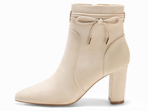 Coutgo Womens Pointed Toe Ankle Boots Chunky Block Heel Tie Knot Side Zipper Dressy Booties, Beige, Size 7.5