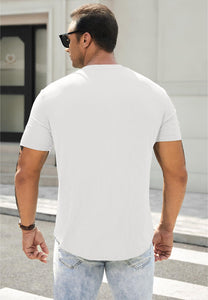 JMIERR Mens Muscle Slim Fit Button Henley Shirts Summer Crewneck Short Sleeve Longline Fitted T-Shirt Gym Workout Athletic Tee Shirt for Man, 2XL, White