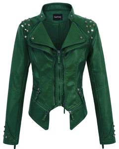 chouyatou Women's Fashion Studded Perfectly Shaping Faux Leather Biker Jacket (Medium, Green)