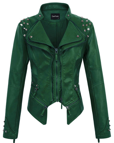 chouyatou Women's Fashion Studded Perfectly Shaping Faux Leather Biker Jacket (Medium, Green)
