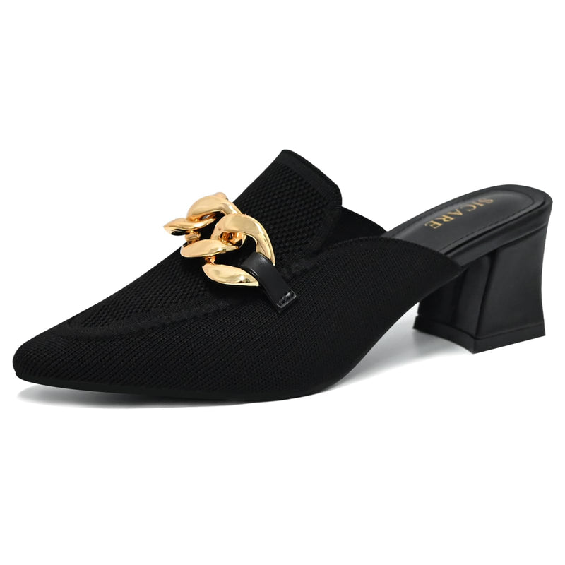 SICARE Heeled Mules for Women Closed Toe Chunky Heels Mules Knit Stretchy Pointed Toe Heels Sandals Comfortable Slip On Dress Pumps Sandals Slides for Business and Daily Wear,Black,Size 8