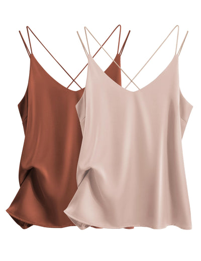 Ekouaer Womens 2-Pack Silk Satin Camisole Tank Top V Neck Sexy Cross Back Spaghetti Strap Cami Sleeveless Lounge Tops