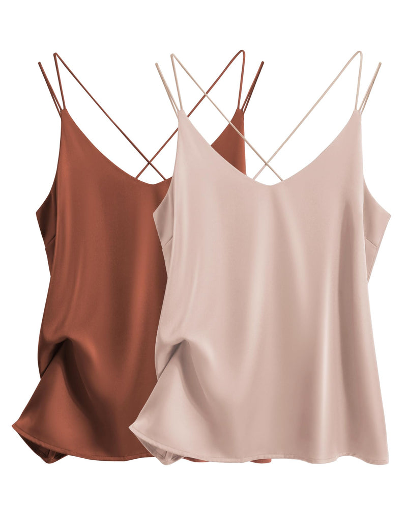 Ekouaer Womens 2-Pack Silk Satin Camisole Tank Top V Neck Sexy Cross Back Spaghetti Strap Cami Sleeveless Lounge Tops