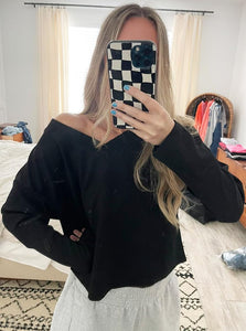 Poetsky Women's Waffle Knit Cropped Top V Neck Long Sleeve Pullover Sweater Casual Solid Crop Sweatshirts Black M
