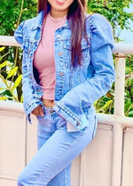 Load image into Gallery viewer, Nihsatin Women’s Puff Sleeve Cropped Denim Jacket Button-Up Short Jean Coat
