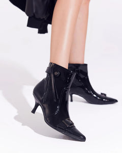 Coutgo Womens Kitten Heel Ankle Boots Pointed Toe Buckle Side Zipper Tassel Fall Winter Booties Shoes, Cool Black, Size 6.5