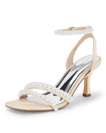 Load image into Gallery viewer, Coutgo Womens Pearl Kitten Heels Sandals Square Open Toe Dress Sandals Ankle Strap Satin Wedding Party Summer Sandals
