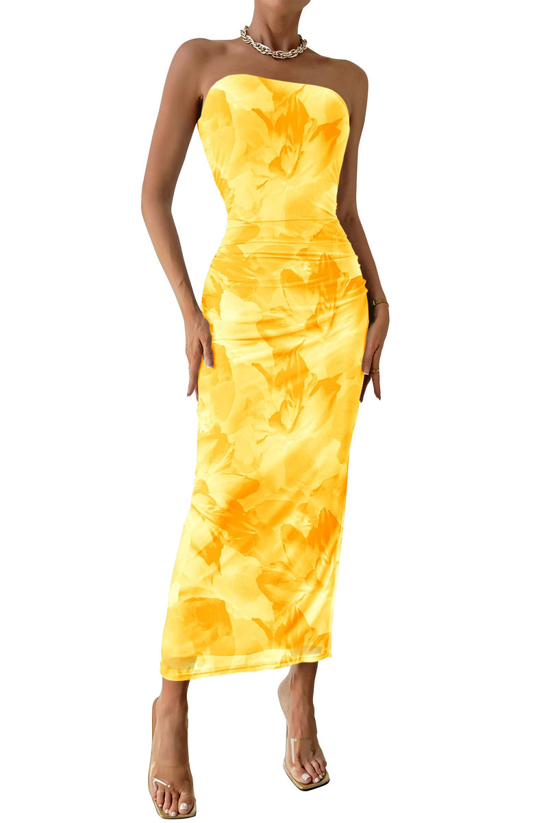 PRETTYGARDEN Women's Summer Maxi Bodycon Dresses Strapless Tube Top Printed Long Party Club Slit Dress (Floral Yellow,Medium)