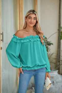 evnanic Women's Fall Shirts for Women Long Sleeve Off The Shoulder Tops for Women Casual Loose Flowy Blouses Clothes Lake Blue S