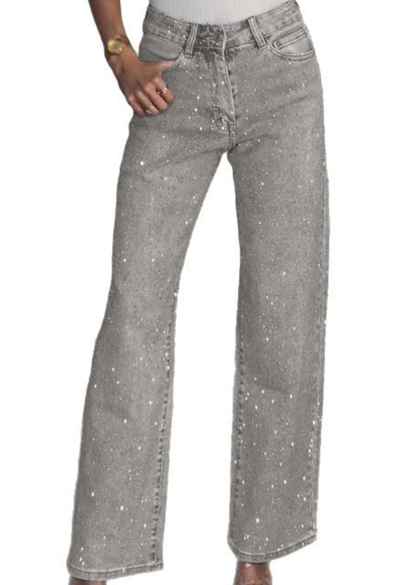 Famnbro Womens Rhinestone Jeans Baggy Y2K High Waisted Straight Wide Leg Sparkly Bling Glitter Denim Pants Light Grey