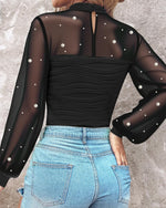 Load image into Gallery viewer, Ninimour Women‘s Pearls Decor Long Sleeve Blouse Mesh Spliced Textured Shirt Going Out Top Black
