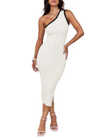 Load image into Gallery viewer, ZESICA Women&#39;s 2025 Summer One Shoulder Bodycon Midi Dresses Casual Sleeveless Ribbed Knit Side Slit Vacation Dress,White,Medium

