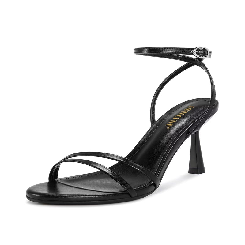 ISNOM Black Strappy Heels for Women with Low Kitten Heel Comfortable Dressy Black Heels Sandal Party