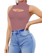 Load image into Gallery viewer, MANGOPOP Tank Top Bodysuits for Women Mock Neck Sleeveless Cutout Front Body Suit(Marsala,M)
