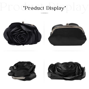 Little Floral Clutch Purse for Women - Elegant Rose Petal Evening Bag with Detachable Chain for Wedding, Gala, Prom, Black