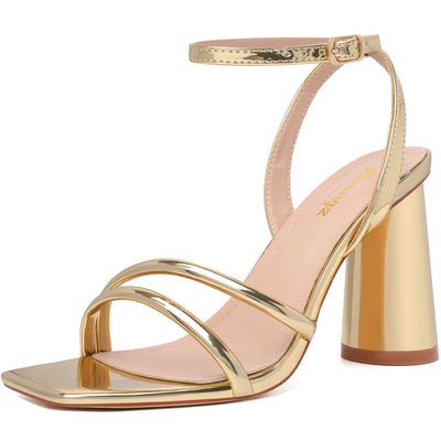 RIBONGZ Gold Prom Heels for Women Strappy High Block Heels Square Open Toe Ankle Strap Sexy Chunky Heeled Sandals Wedding Bridal Shoes High Heel Sandals for Party Dress 8