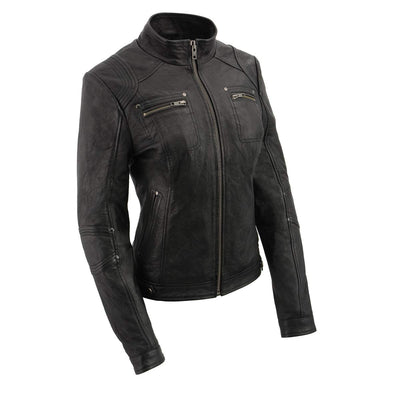 Milwaukee Leather SFL2801 Women's Racer Black Stand Up Collar Motorcycle Fashion Leather Jacket - Medium