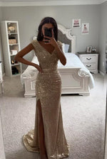 Load image into Gallery viewer, WENKAFO Glitter Sequin Prom Dress for Teens 2026 Slit Sparkly Mermaid V Neck Evening Party Gowns for Women Ruched Long Formal Gown Size 8 Brown
