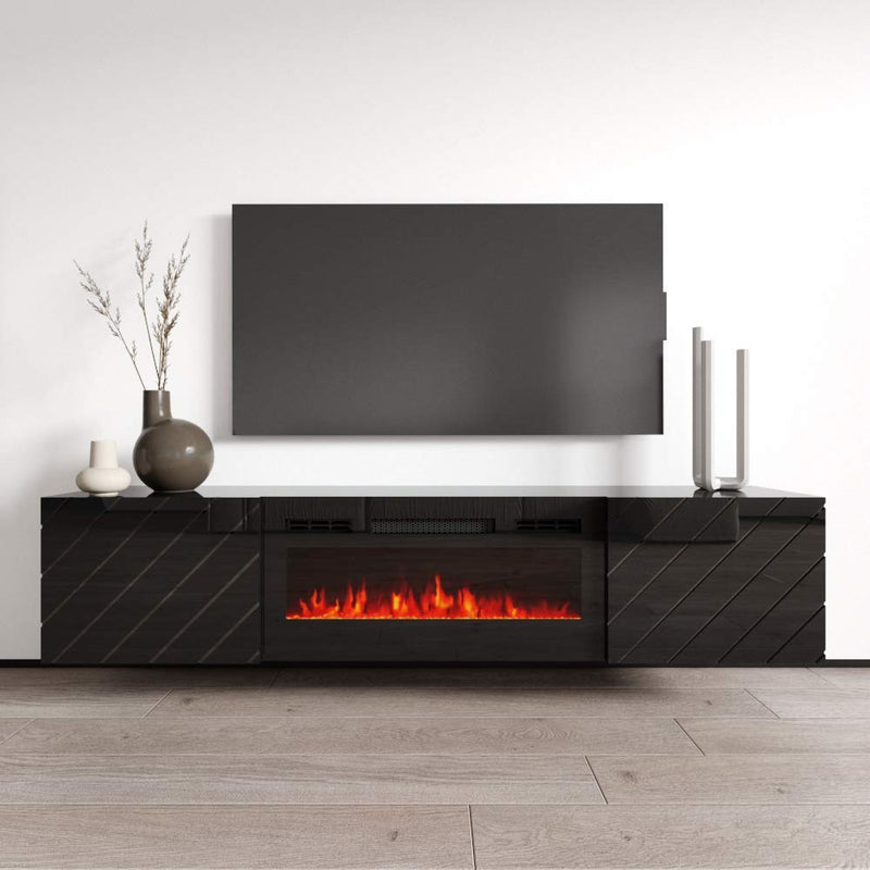Meble Furniture Luxe BL-EF Floating Fireplace TV Stand - Modern High Matte TV Stand with Storage Cabinets - Central Entertainment Center Console Table for TVs up to 80" - Black