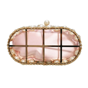 Tasysain Women Rhinestone Cage Bag Sparkling Hollow Pearl Evening Clutch Glitter Double-layer Detachable Basket Handbag, Pink