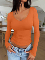 Load image into Gallery viewer, REORIA Women's Long Sleeve Tops 2025 V Neck Fall Basics Comfy Layering Slim Tight Tops Fashion Classic Going Out Tops(Orange Medium)
