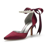 Load image into Gallery viewer, Women's Pearl Burgundy Wedding Shoes for Bride High Heels Pointed Toe Bridal Shoes Satin Prom Party Dress Pumps Sandals 602-1
