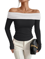 Load image into Gallery viewer, Prettywear Women's Sexy Off Shoulder Tops Dressy Long Sleeves Going Out Nightout Shirt 2025 Fall Clothes(Black_WhitePattern,S)
