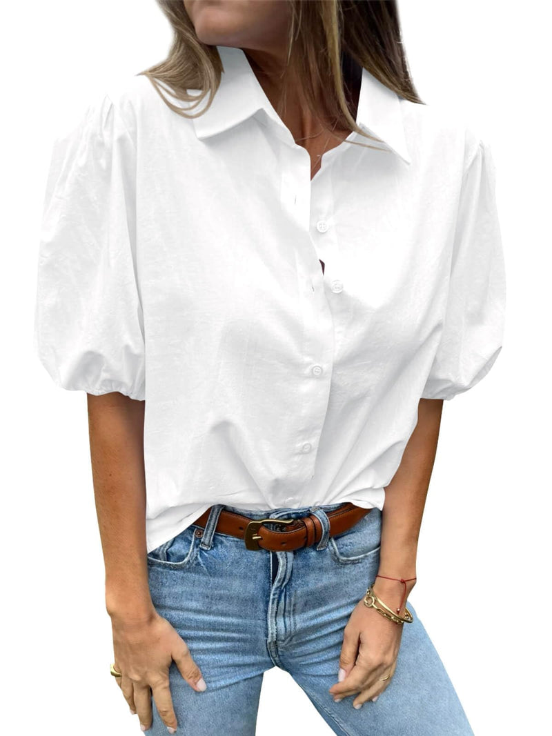 Tankaneo Women's Button Down Shirts Short Puff Sleeve Collared Dressy Casual Blouse Tops White
