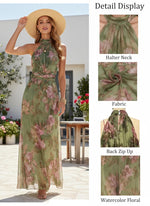 Load image into Gallery viewer, Wedding Guest Dresses for Women Chiffon Watercolor Floral Maxi Dress Halter Neck Sleeveless Pretty Garden Dresses Green
