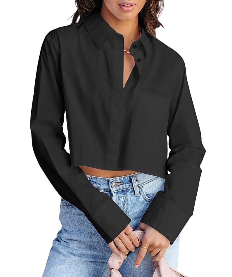 INFITTY Womens Button Down Blouse Casual Long Sleeve Shirt Lapel Cotton Oversized Loose Fall Crop Tops Black S