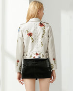 Load image into Gallery viewer, YILANUOYI Women's Embroidered Studded Faux Leather Jacket Moto Punk Jacket Floral Coat (M, XHPY Beige)
