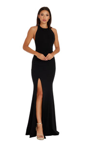 Dress the Population Women's Paige Crepe Knit, Floor Length, Mermaid, Halter Neck Dress, Black, Medium