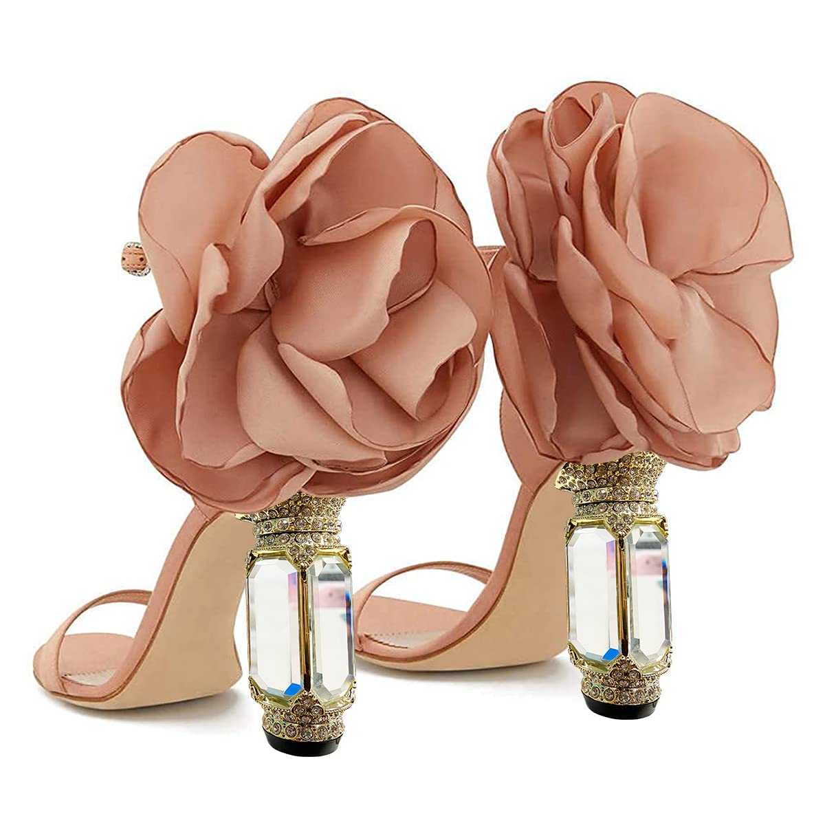 FSJ Women Flower Crystal Chunky Block High Heel Ankle Strap Sandals Open Toe Fashion Dress Evening Party Shoes Size 8 Nude