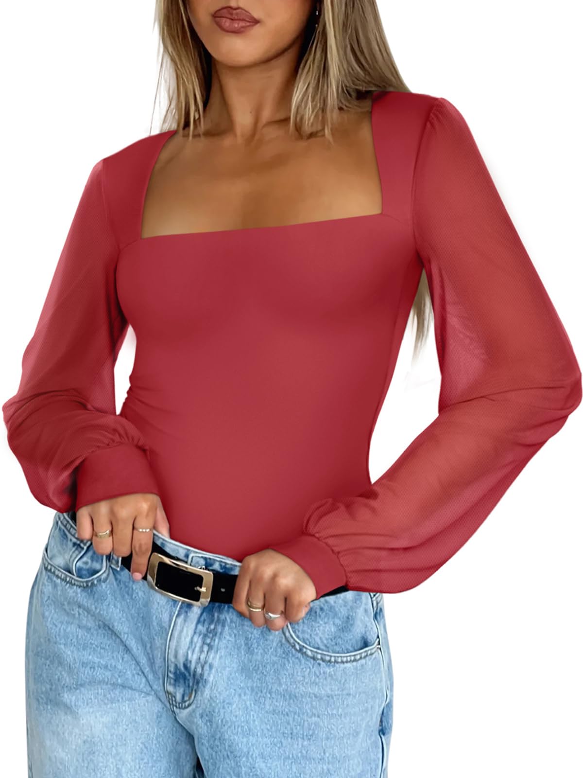PINKMSTYLE Sexy Bodysuits for Women Classic Square Neck Long Sleeve Slim Fit Shirts Sheer Mesh Trendy Going Out Tops Cute Office Red Medium
