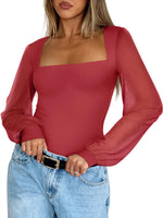 Load image into Gallery viewer, PINKMSTYLE Sexy Bodysuits for Women Classic Square Neck Long Sleeve Slim Fit Shirts Sheer Mesh Trendy Going Out Tops Cute Office Red Medium
